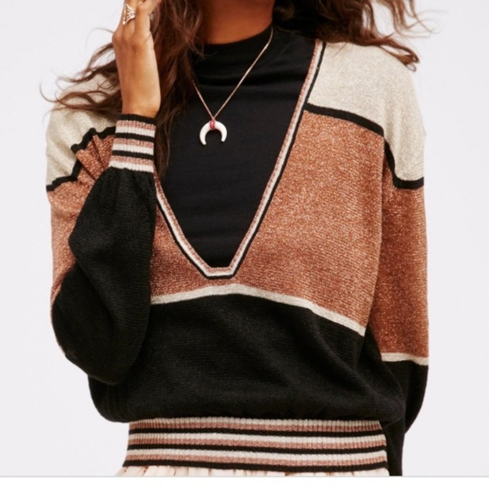 Free People Size S Gold Dust Metallic Pullover V Neck Sweater Top NEW